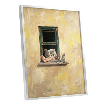 The Painter's Window, beige, yellow, green minimalist wall art shown as a silver framed poster wall art print