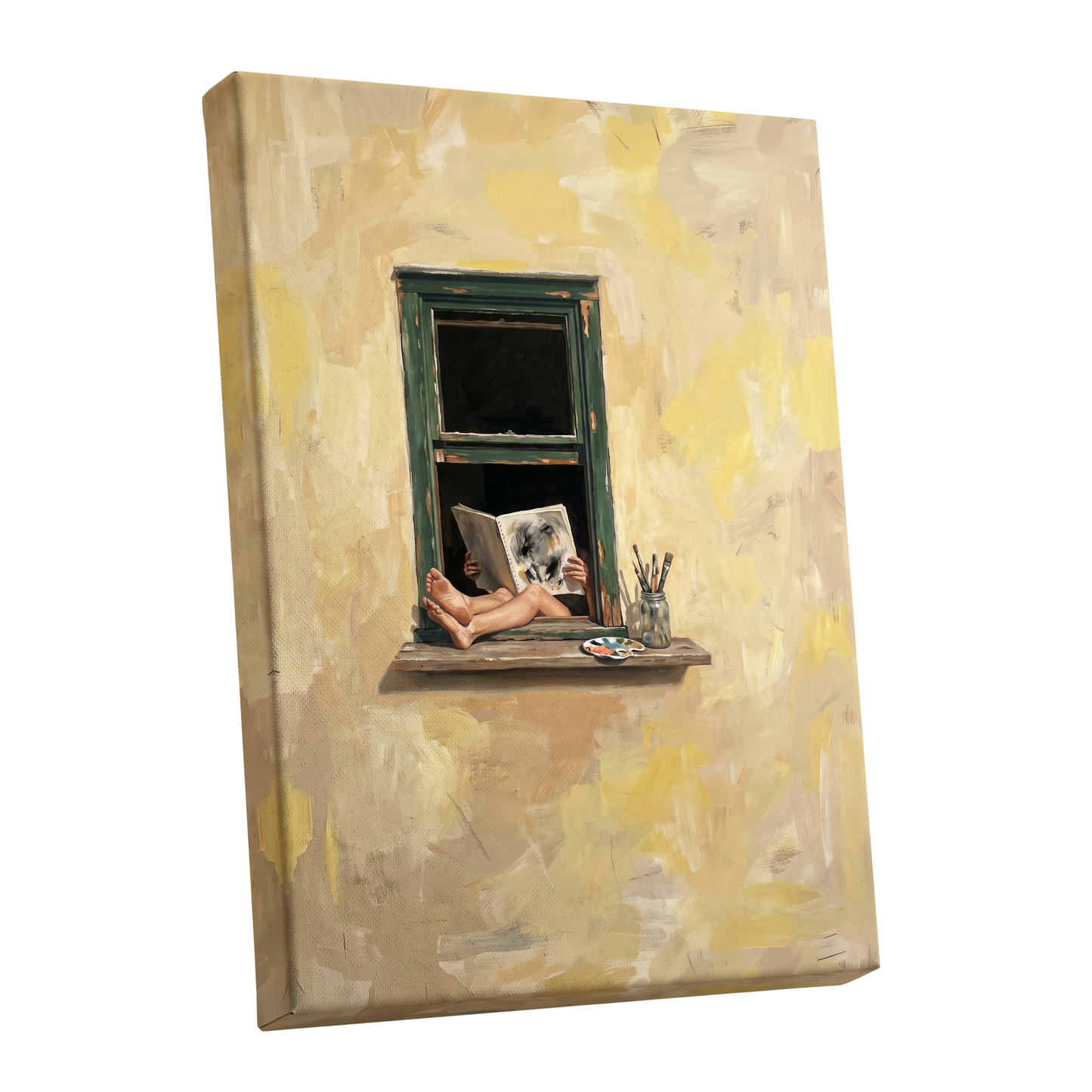 The Painter's Window, beige, yellow, green minimalist wall art shown as a stretched canvas wall art