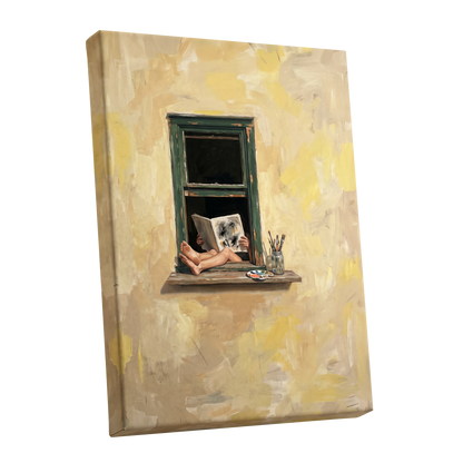 The Painter's Window, beige, yellow, green minimalist wall art shown as a stretched canvas wall art