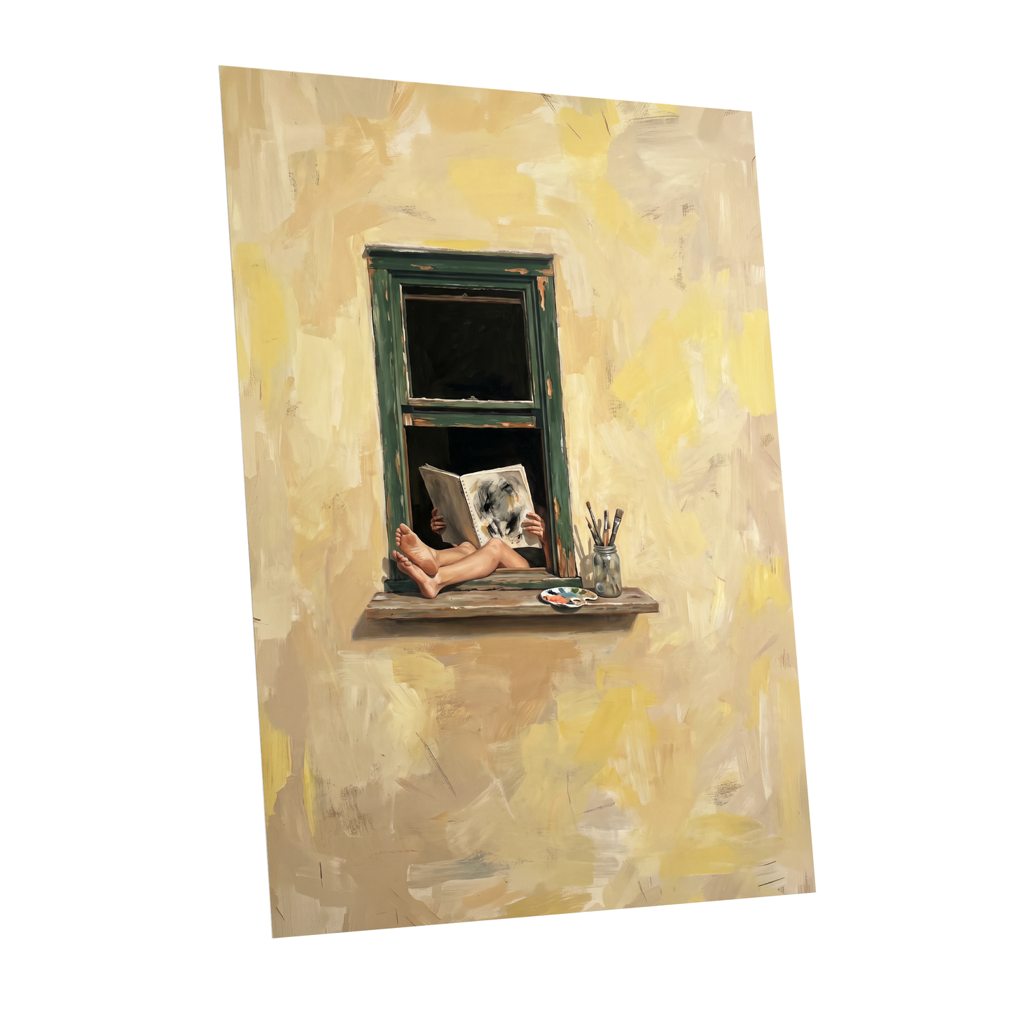 The Painter's Window, beige, yellow, green minimalist wall art shown as a unframed poster wall art print