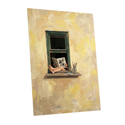 The Painter's Window, beige, yellow, green minimalist wall art shown as a unframed poster wall art print