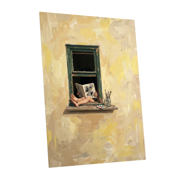 The Painter's Window, beige, yellow, green minimalist wall art shown as a unframed poster wall art print