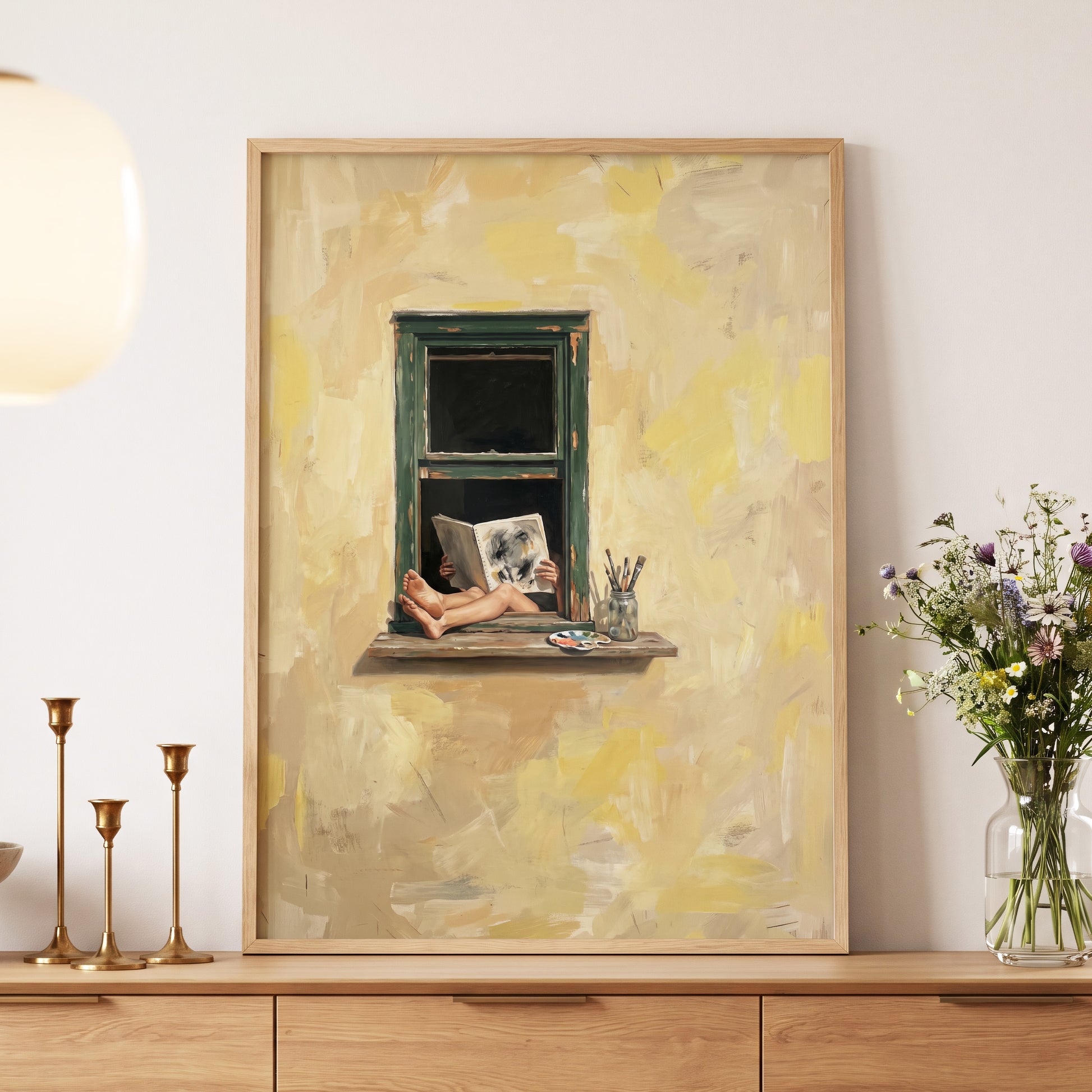 The Painter's Window, beige, yellow, green minimalist wall art displayed in a styled interior, gallery view 2