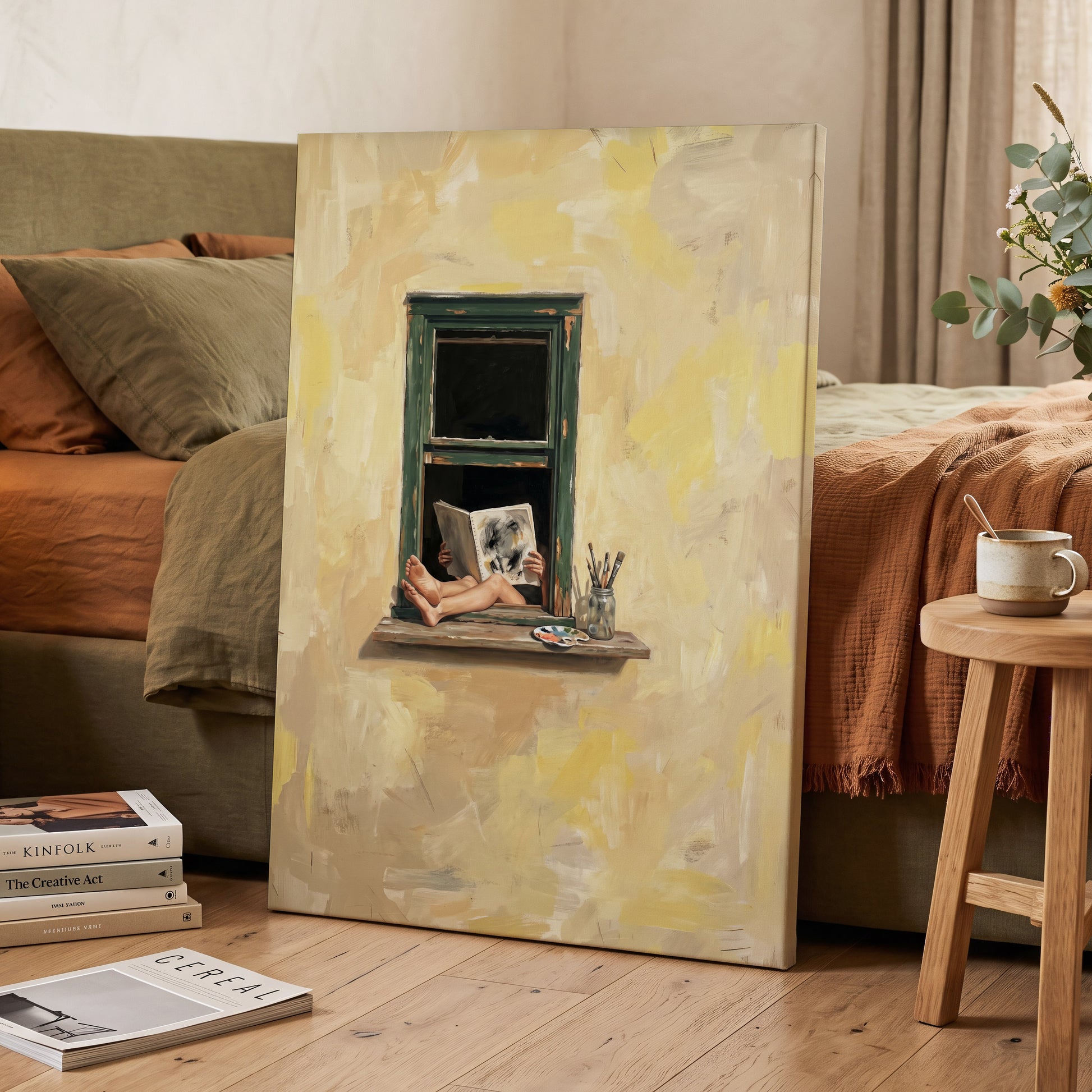 The Painter's Window, beige, yellow, green minimalist wall art displayed in a styled interior, gallery view 3