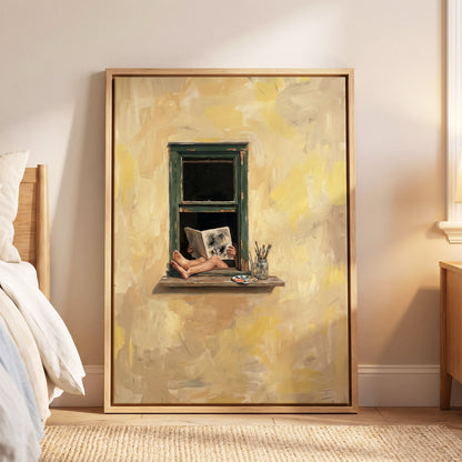 The Painter's Window, beige, yellow, green minimalist wall art displayed in a styled interior, gallery view 4