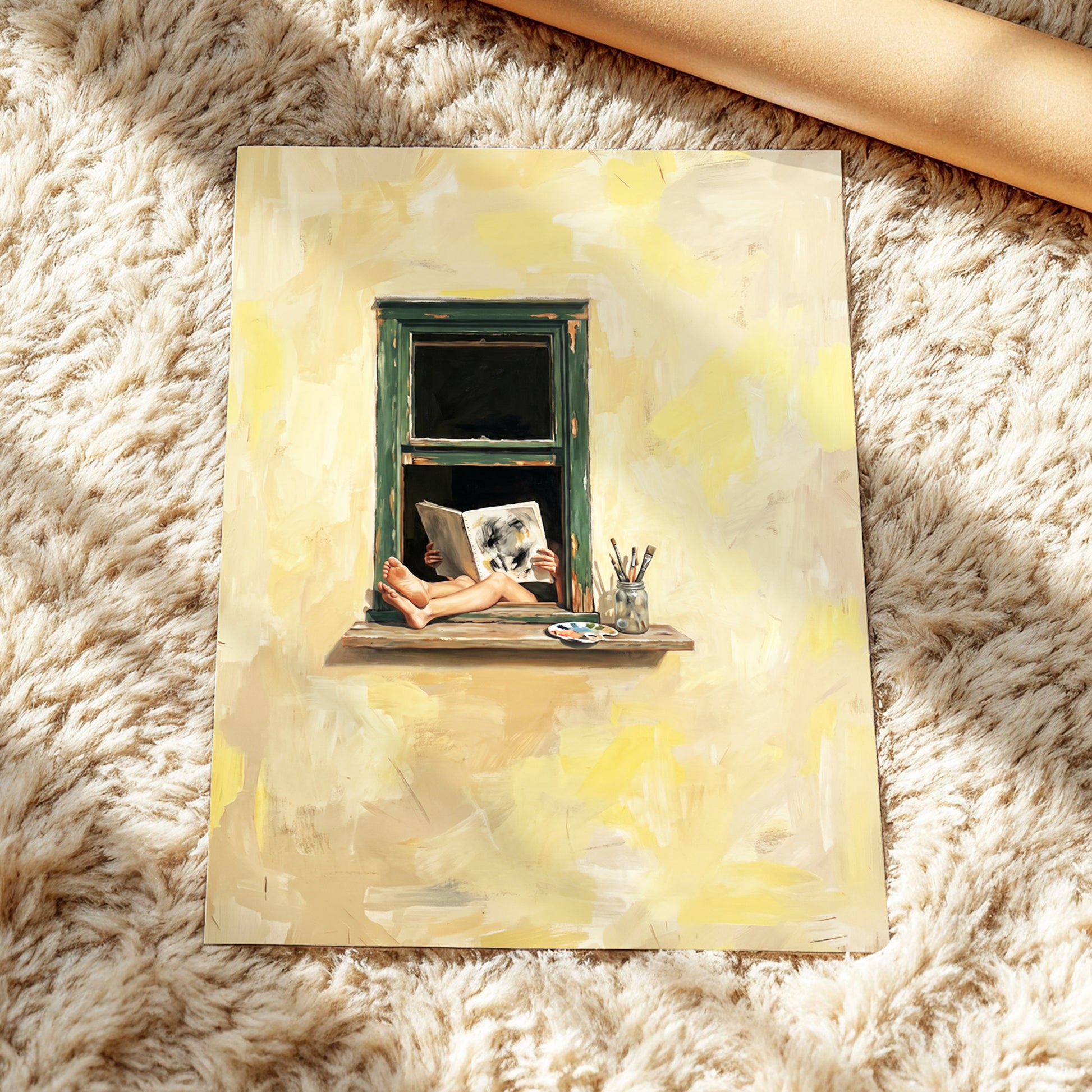 The Painter's Window, beige, yellow, green minimalist wall art displayed in a styled interior, gallery view 5