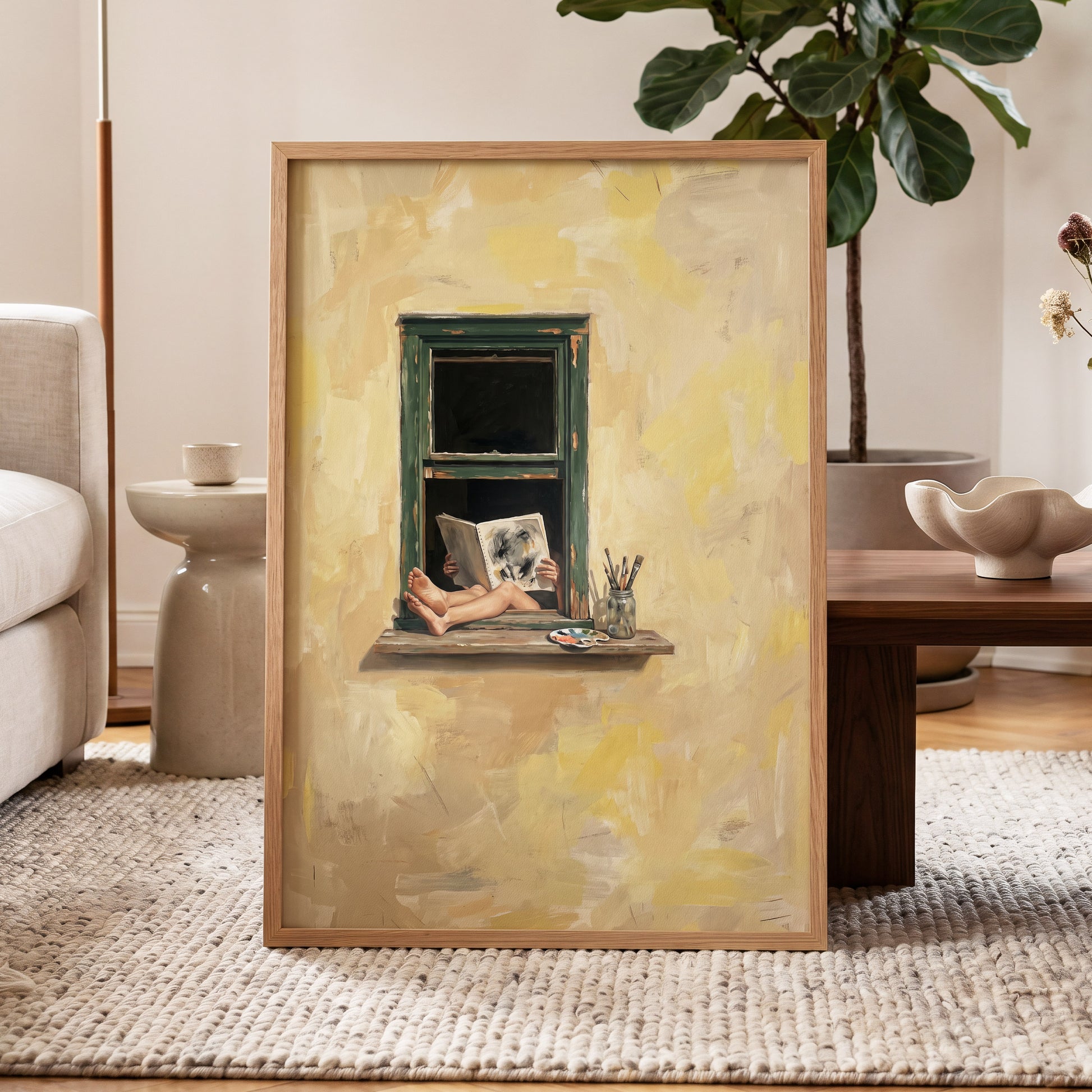 The Painter's Window, beige, yellow, green minimalist wall art displayed in a styled interior, gallery view 6