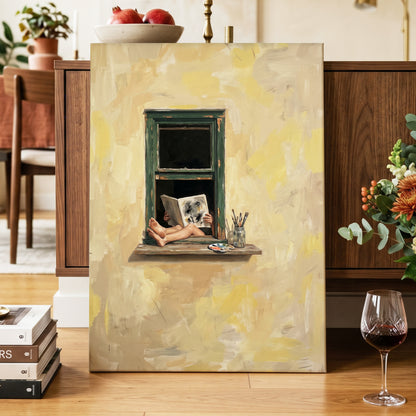 The Painter's Window, beige, yellow, green minimalist wall art displayed in a styled interior, gallery view 7
