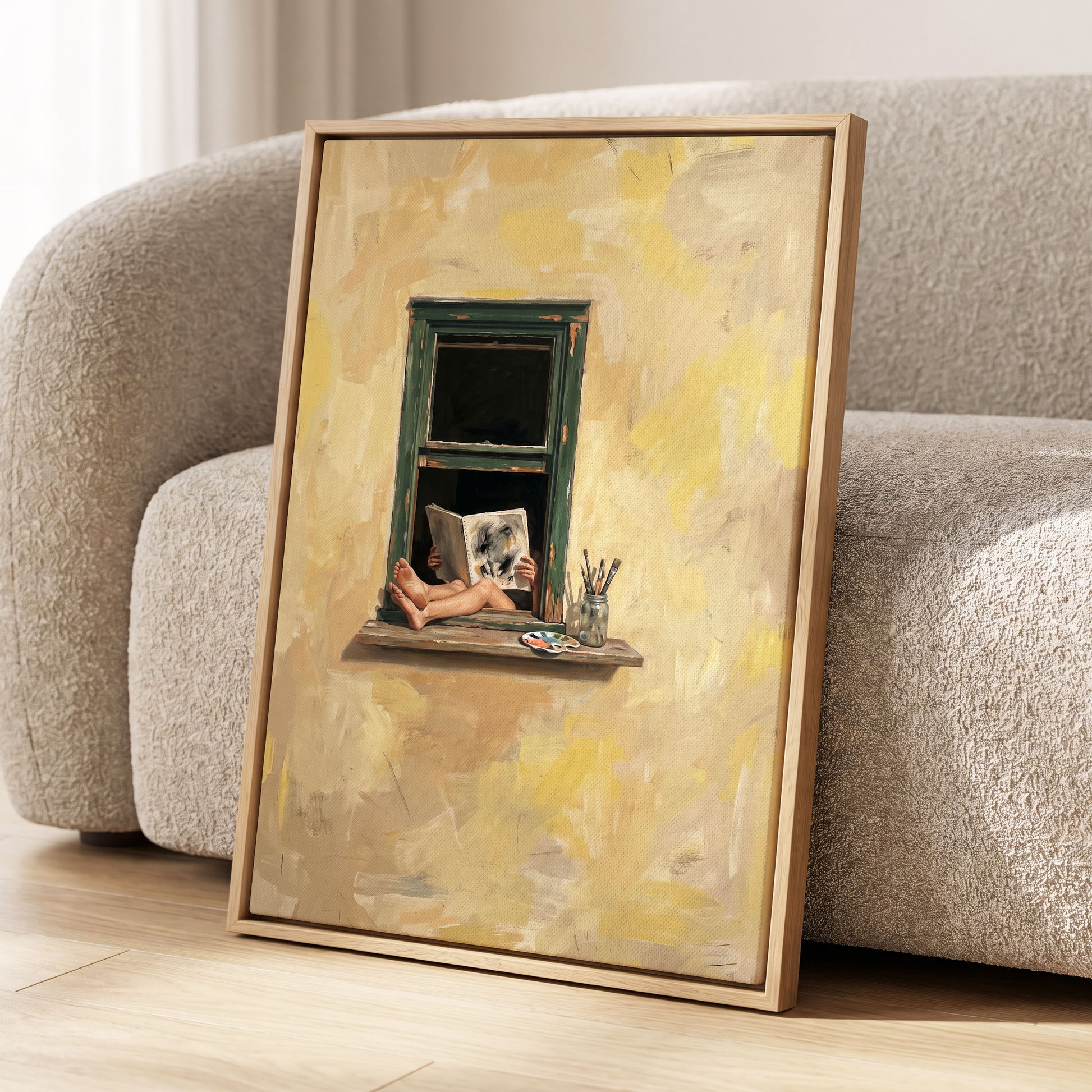 The Painter's Window, beige, yellow, green minimalist wall art displayed in a styled interior, gallery view 8