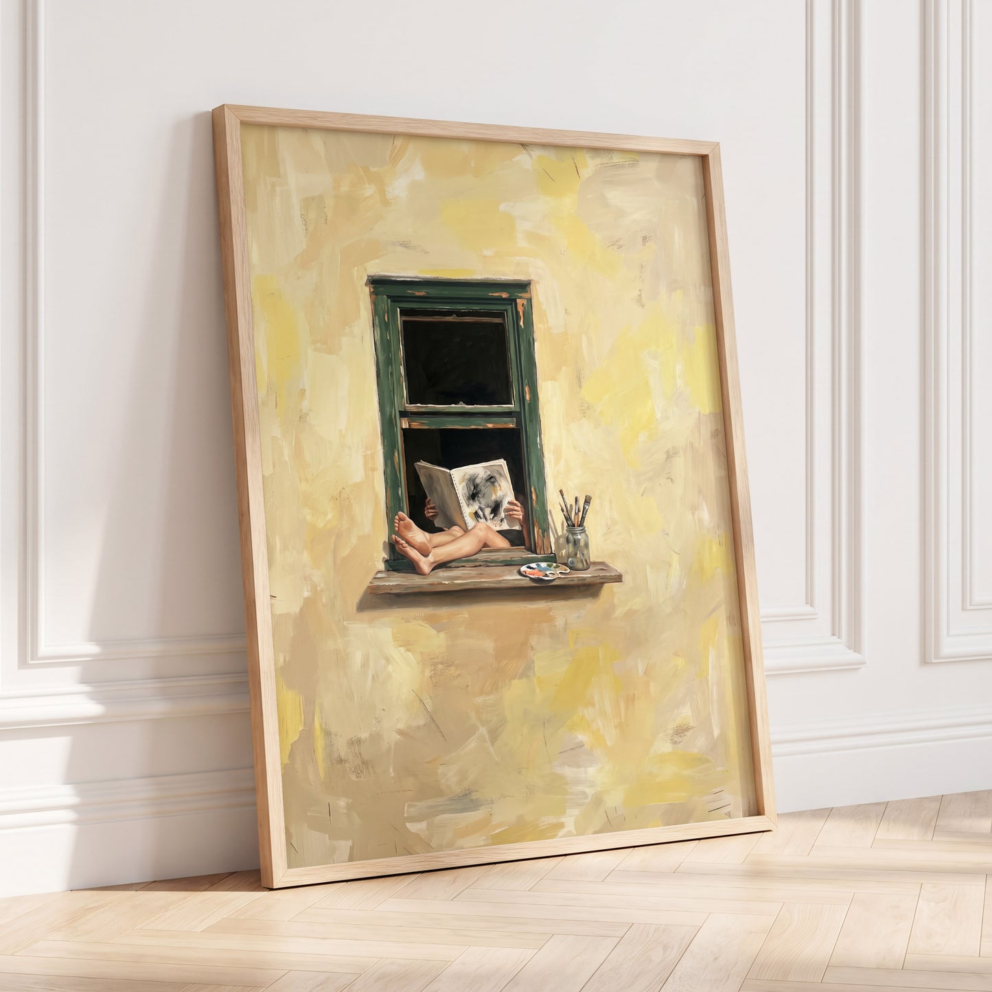 The Painter's Window, beige, yellow, green minimalist wall art displayed in a styled interior, gallery view 9