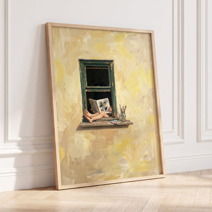 The Painter's Window, beige, yellow, green minimalist wall art displayed in a styled interior, gallery view 9