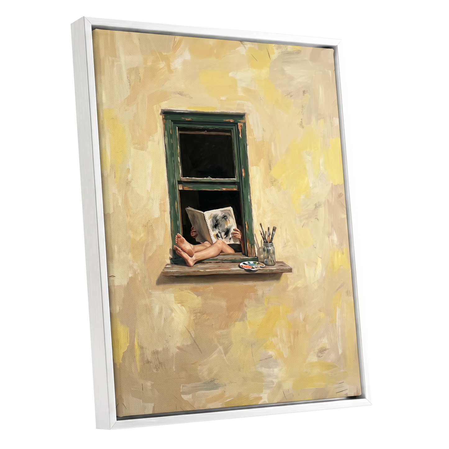 The Painter's Window, beige, yellow, green minimalist wall art shown as a white framed canvas wall art