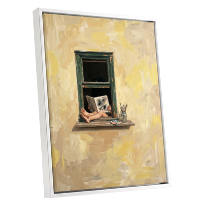 The Painter's Window, beige, yellow, green minimalist wall art shown as a white framed canvas wall art