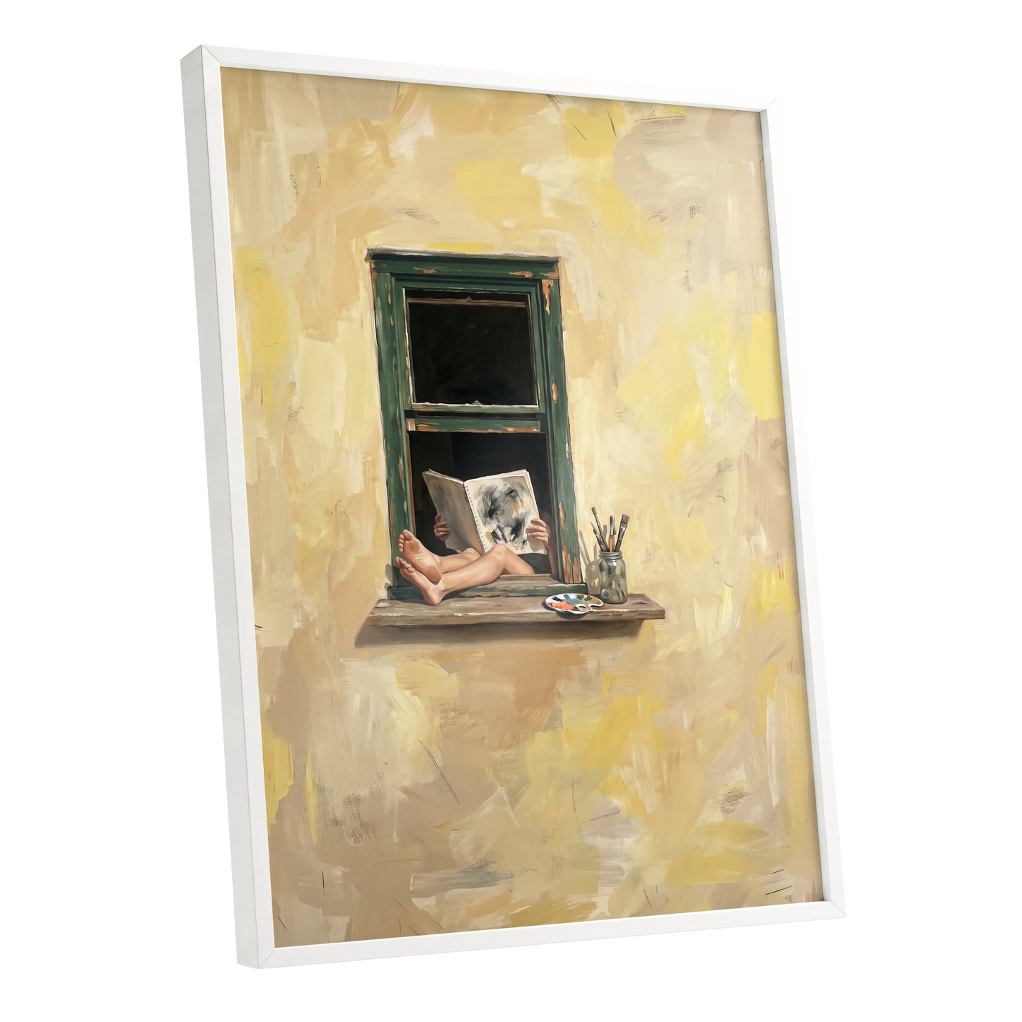 The Painter's Window, beige, yellow, green minimalist wall art shown as a white framed poster wall art print