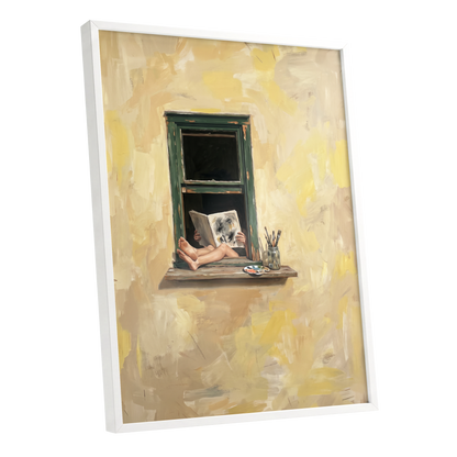 The Painter's Window, beige, yellow, green minimalist wall art shown as a white framed poster wall art print