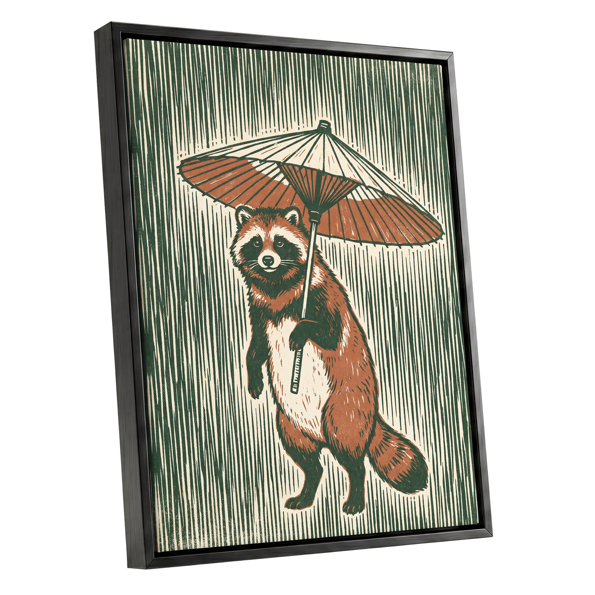 The Parasol Keeper, green, beige, brown nature wall art shown as a black framed canvas wall art