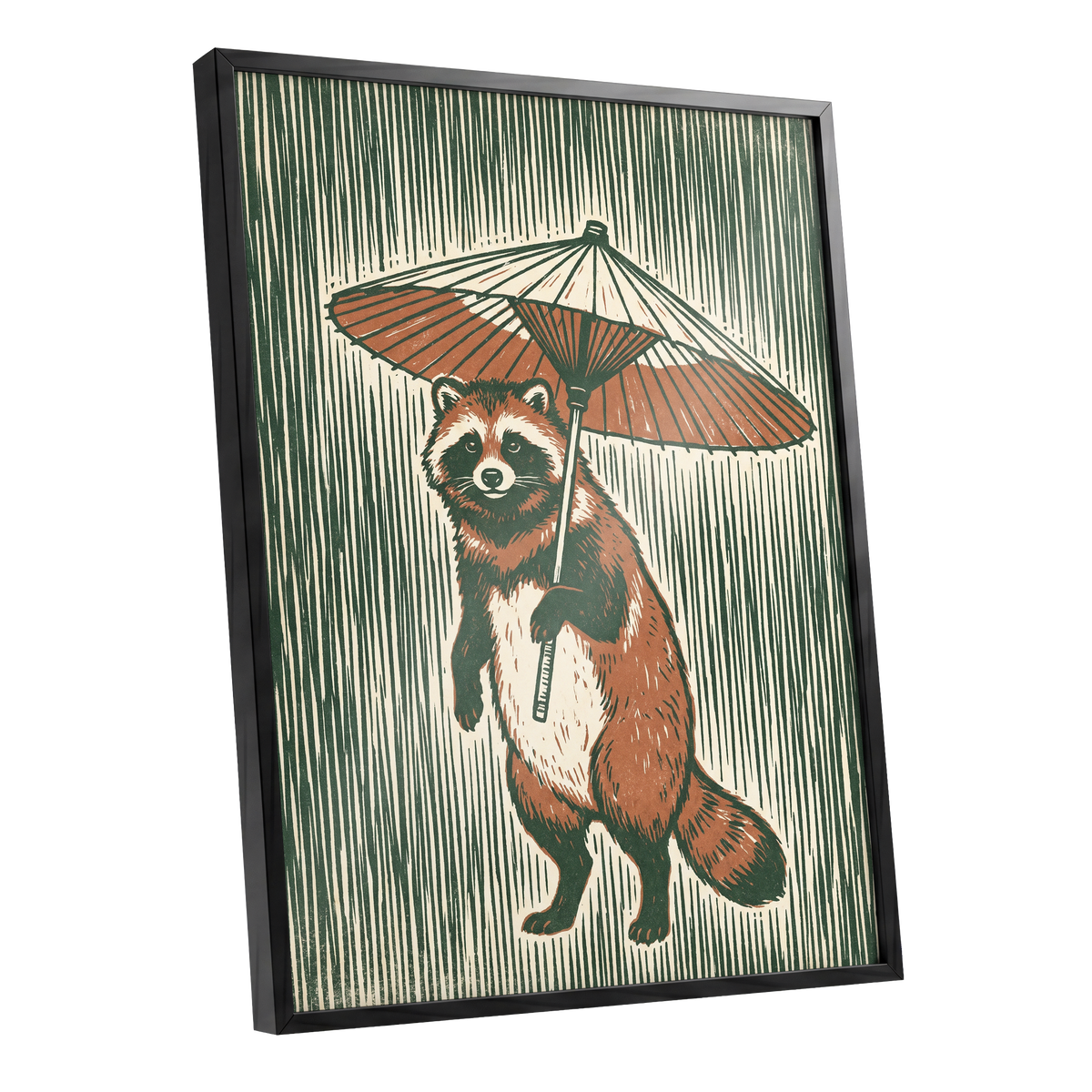 The Parasol Keeper, green, beige, brown nature wall art shown as a black framed poster wall art print