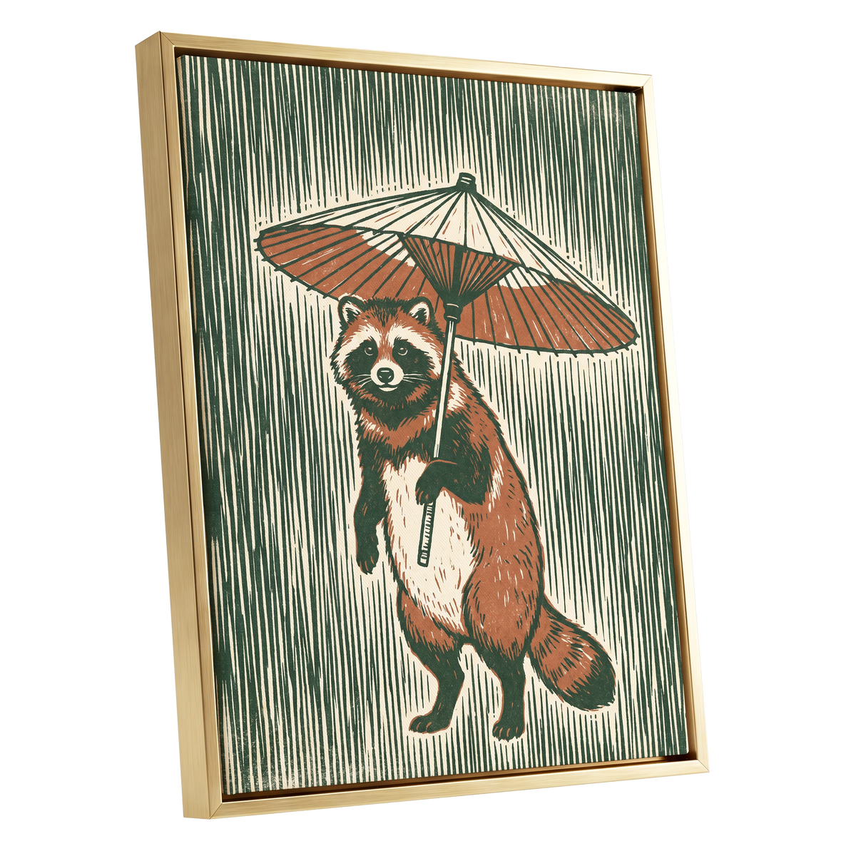 The Parasol Keeper, green, beige, brown nature wall art shown as a gold framed canvas wall art