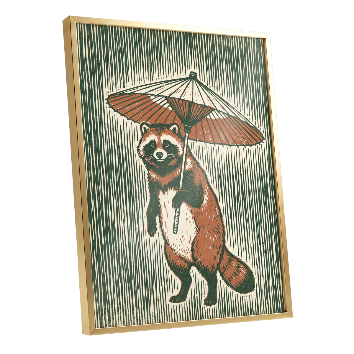 The Parasol Keeper, green, beige, brown nature wall art shown as a gold framed poster wall art print