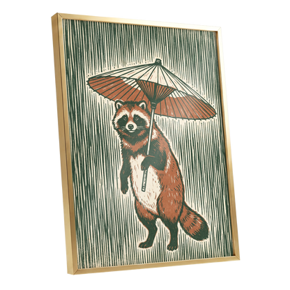 The Parasol Keeper, green, beige, brown nature wall art shown as a gold framed poster wall art print