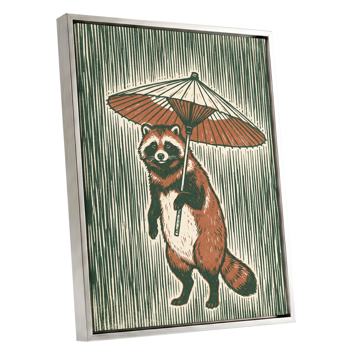 The Parasol Keeper, green, beige, brown nature wall art shown as a silver framed canvas wall art