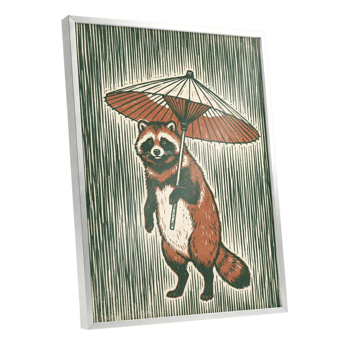 The Parasol Keeper, green, beige, brown nature wall art shown as a silver framed poster wall art print