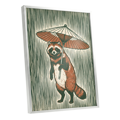 The Parasol Keeper, green, beige, brown nature wall art shown as a silver framed poster wall art print