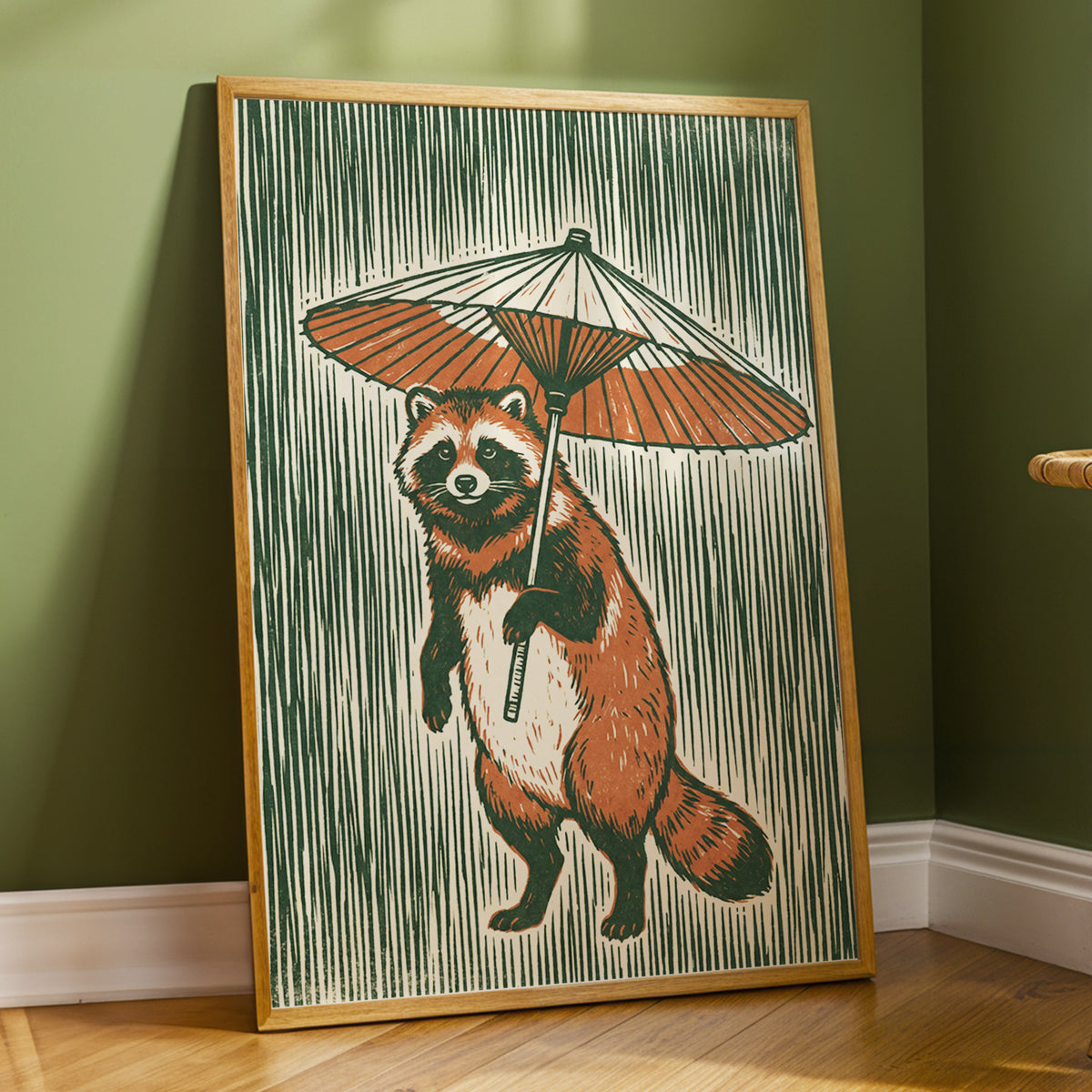 The Parasol Keeper, green, beige, brown nature wall art displayed in a styled interior, gallery view 2