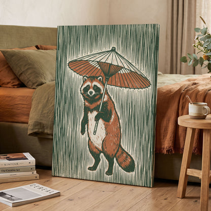 The Parasol Keeper, green, beige, brown nature wall art displayed in a styled interior, gallery view 3