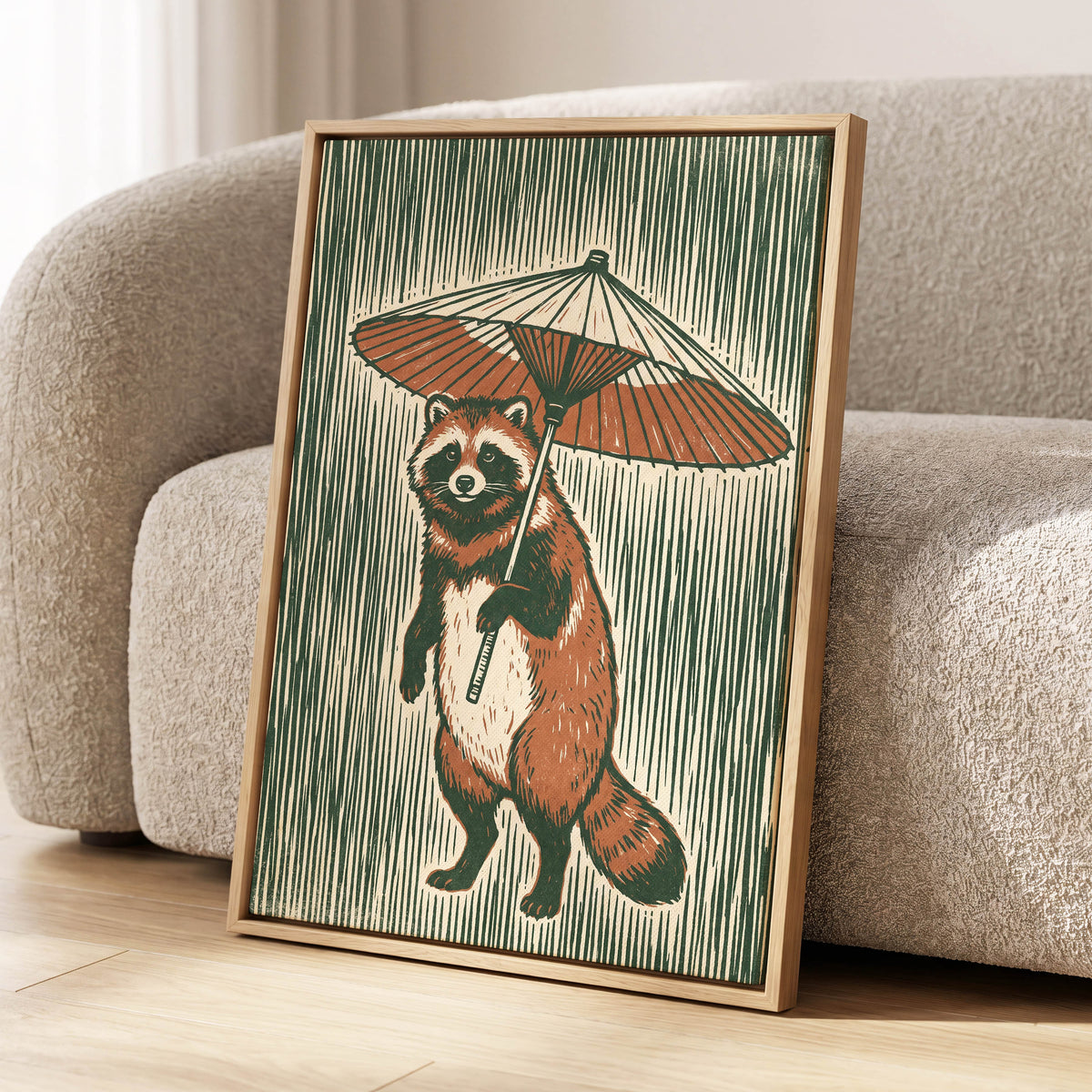 The Parasol Keeper, green, beige, brown nature wall art displayed in a styled interior, gallery view 4