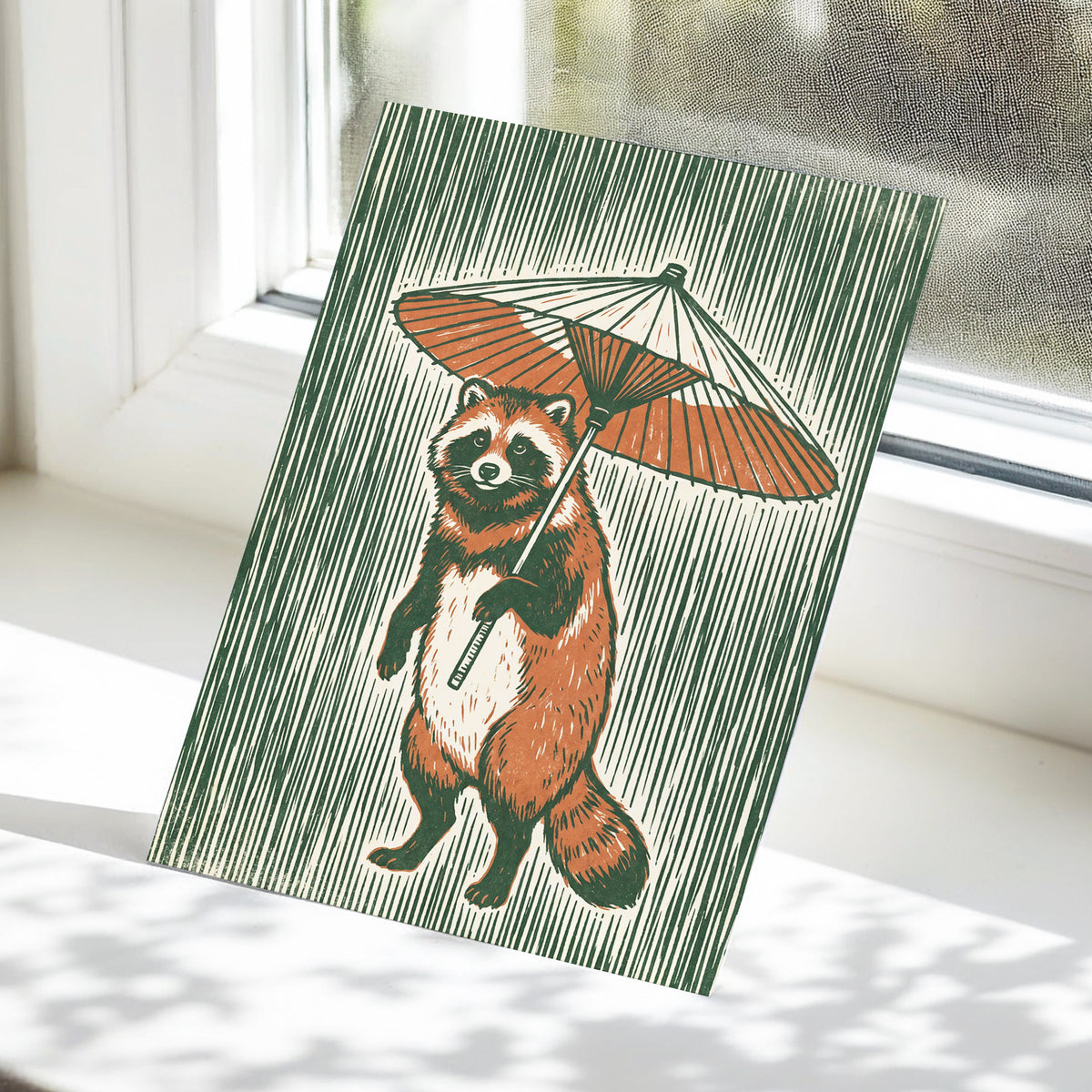 The Parasol Keeper, green, beige, brown nature wall art displayed in a styled interior, gallery view 5