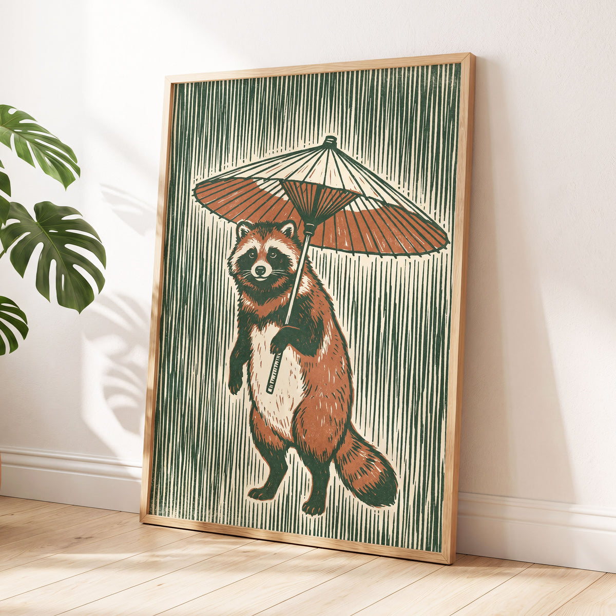 The Parasol Keeper, green, beige, brown nature wall art displayed in a styled interior, gallery view 6