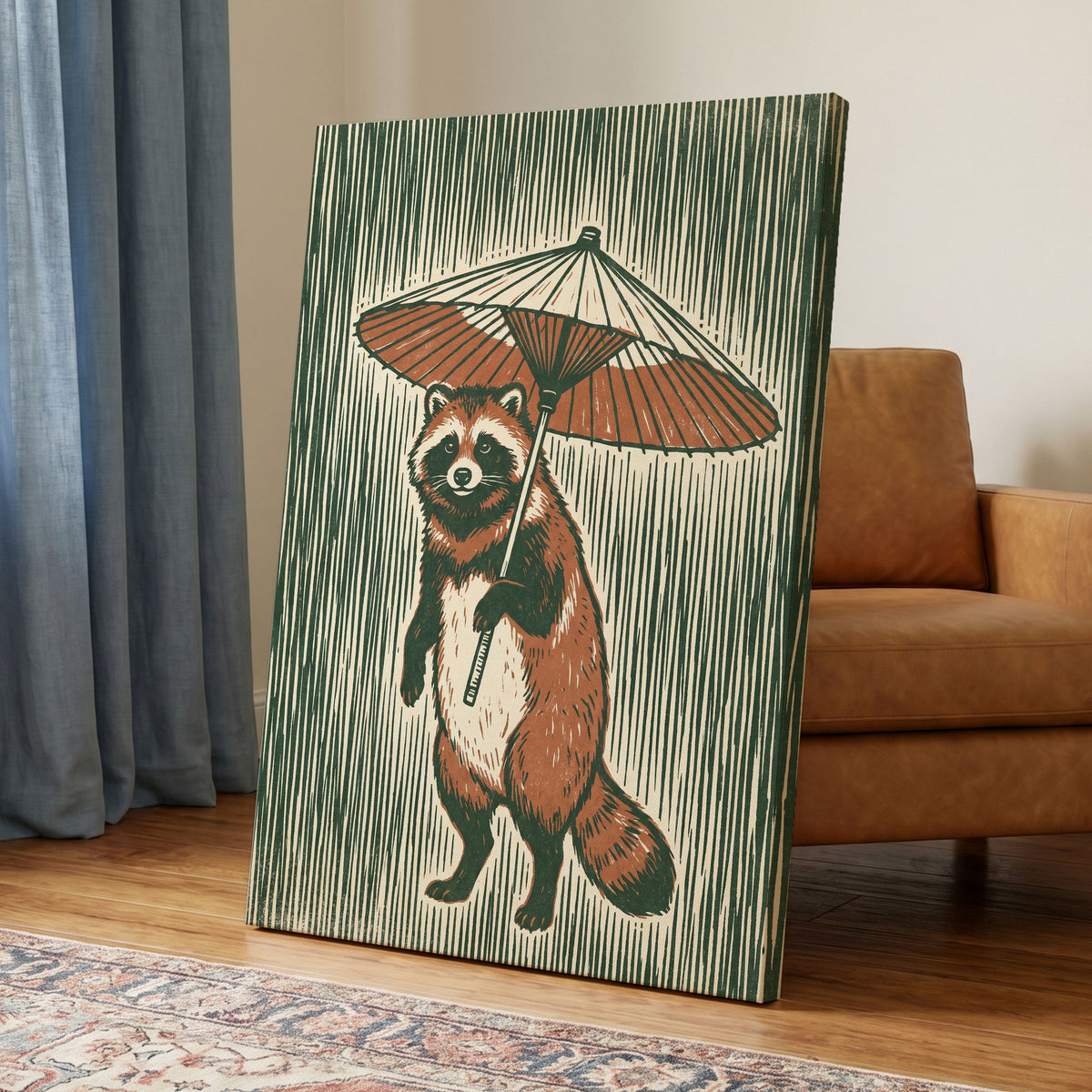 The Parasol Keeper, green, beige, brown nature wall art displayed in a styled interior, gallery view 7
