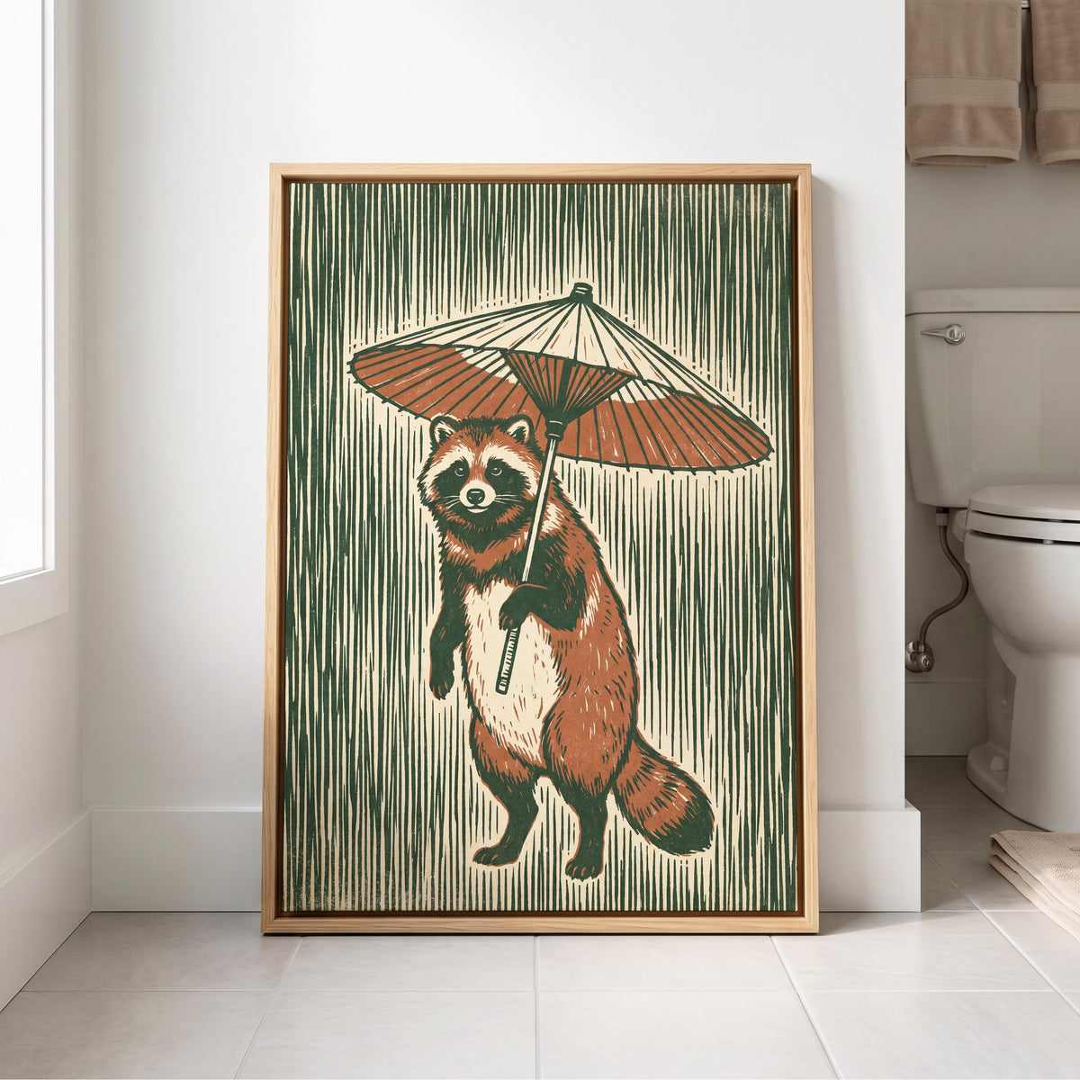 The Parasol Keeper, green, beige, brown nature wall art displayed in a styled interior, gallery view 8