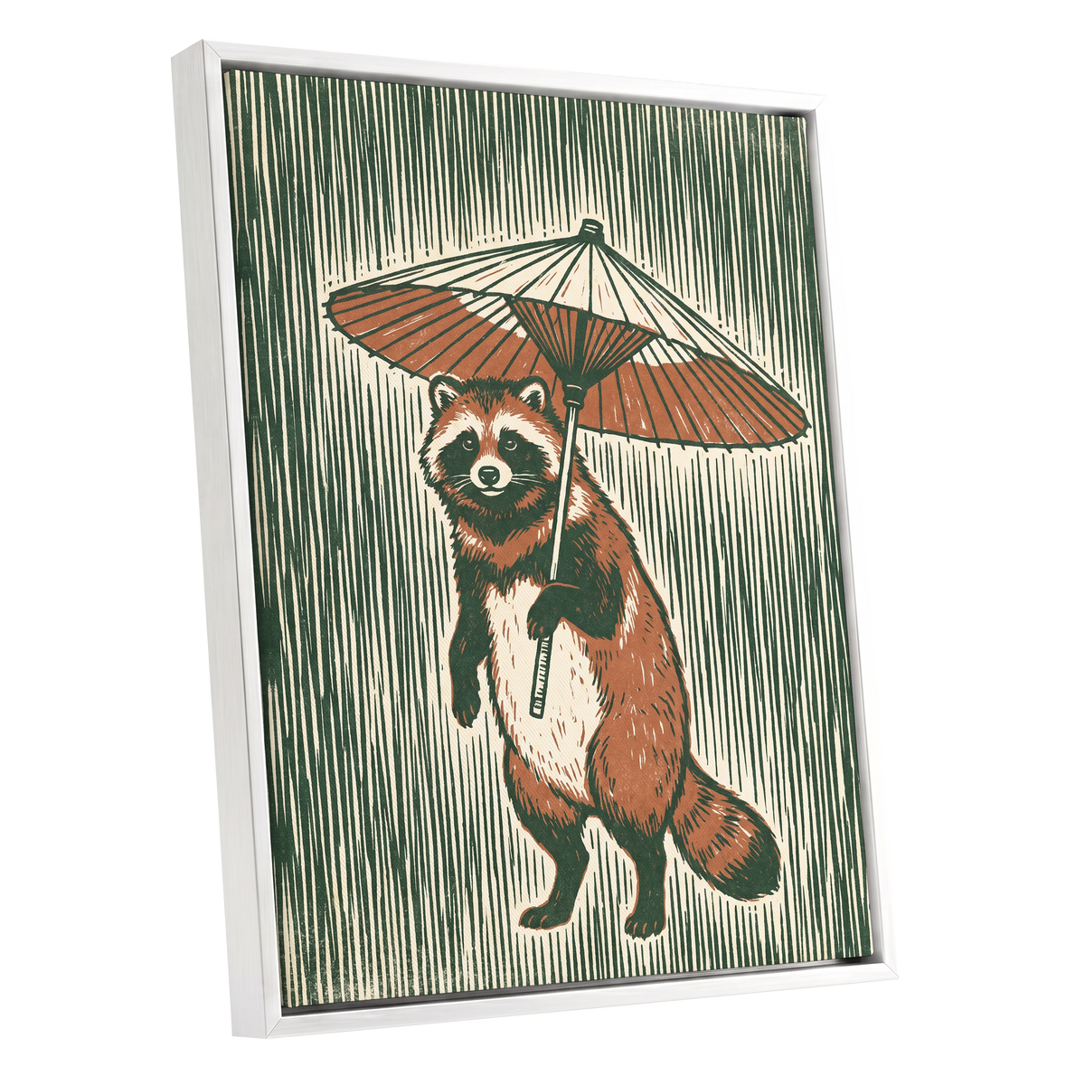 The Parasol Keeper, green, beige, brown nature wall art shown as a white framed canvas wall art