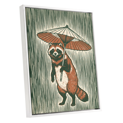 The Parasol Keeper, green, beige, brown nature wall art shown as a white framed canvas wall art
