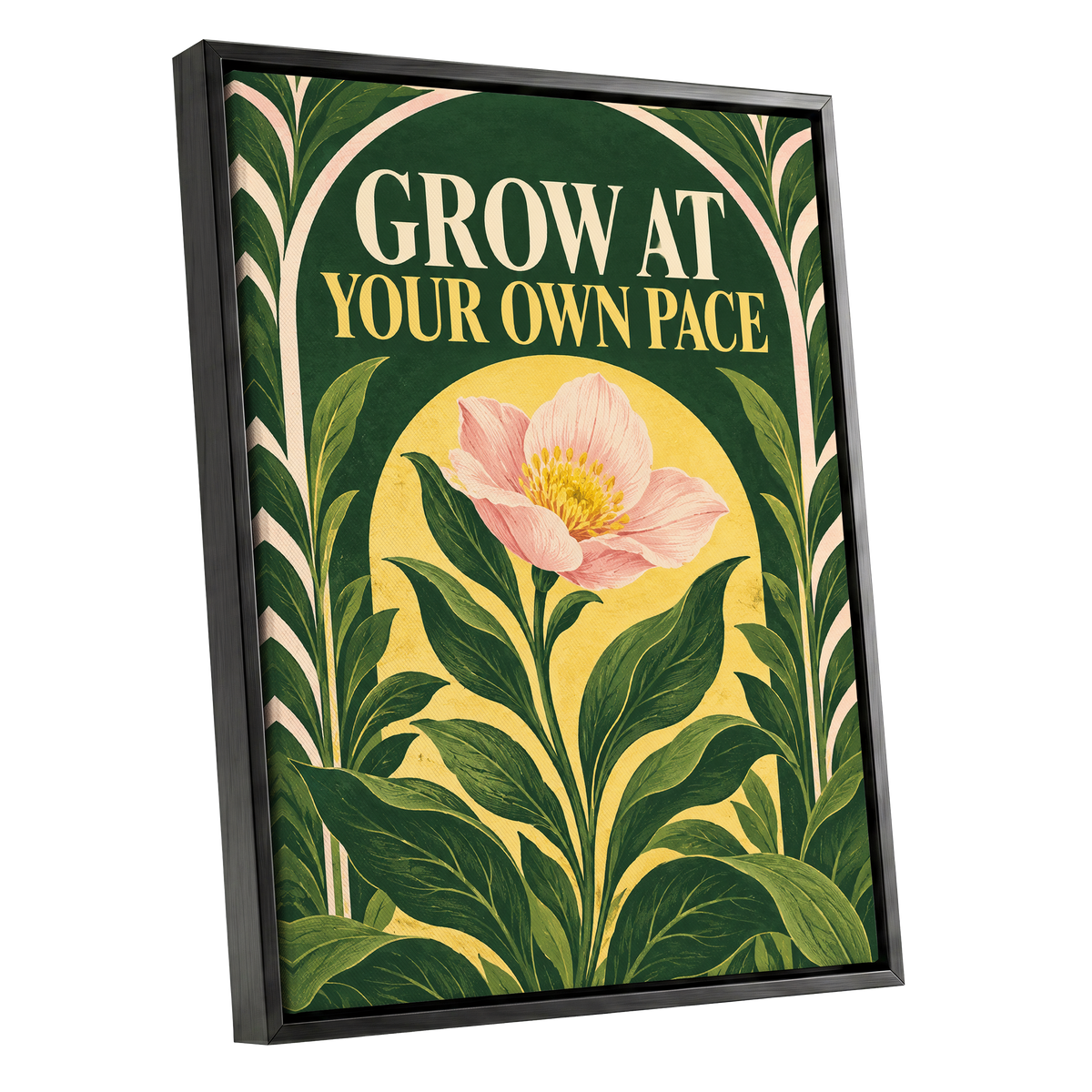 The Patient Bloom, green, yellow, pink floral wall art shown as a black framed canvas wall art