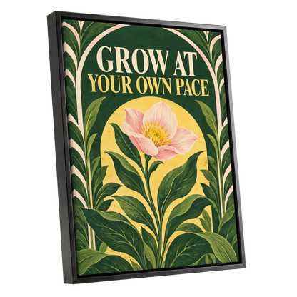 The Patient Bloom, green, yellow, pink floral wall art shown as a black framed canvas wall art