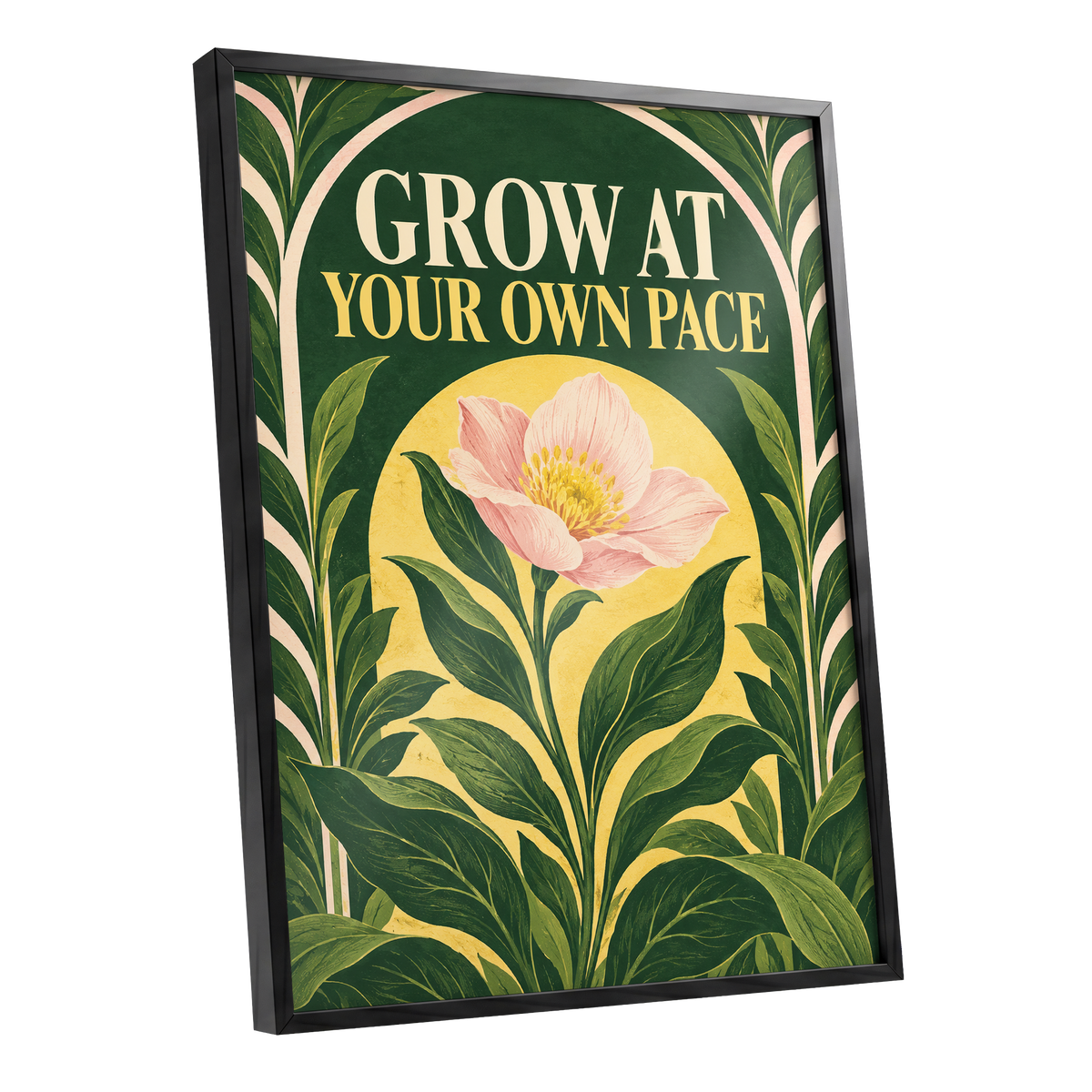 The Patient Bloom, green, yellow, pink floral wall art shown as a black framed poster wall art print