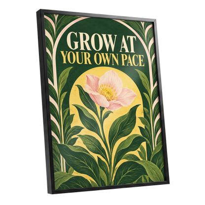 The Patient Bloom, green, yellow, pink floral wall art shown as a black framed poster wall art print