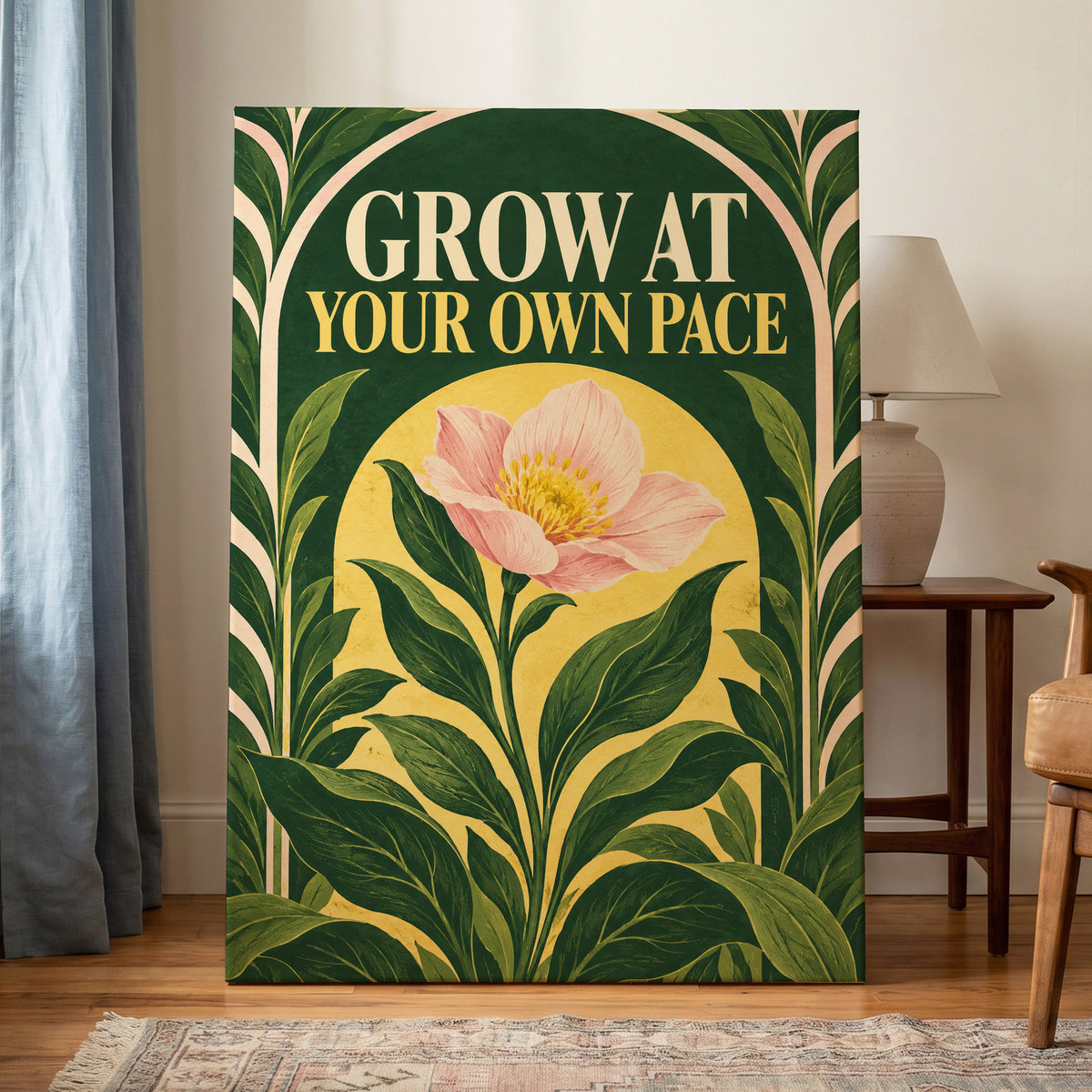 The Patient Bloom, green, yellow, pink floral wall art on canvas displayed in a styled interior, gallery view 1