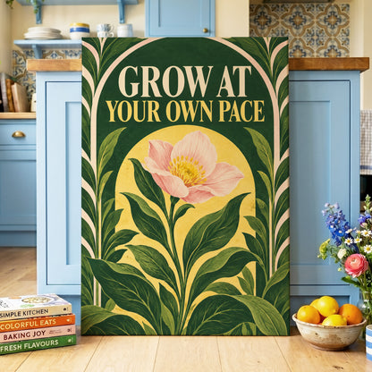 The Patient Bloom, green, yellow, pink floral wall art on canvas displayed in a styled interior, gallery view 2