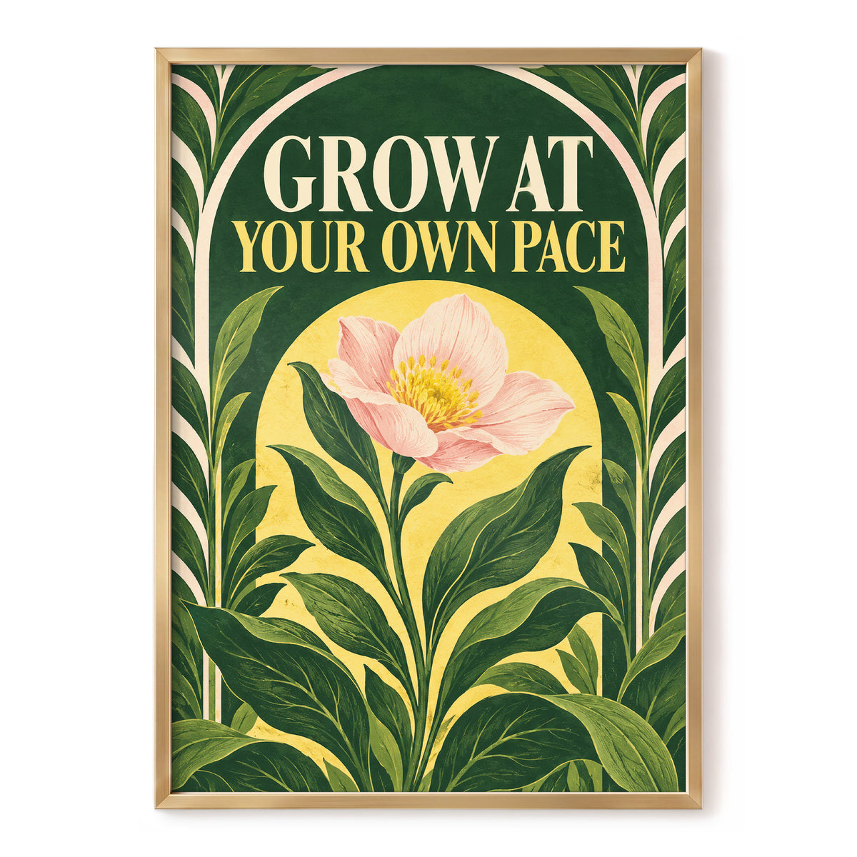 The Patient Bloom, green, yellow, pink floral wall art, front artwork view