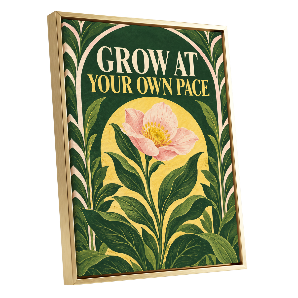 The Patient Bloom, green, yellow, pink floral wall art shown as a gold framed canvas wall art