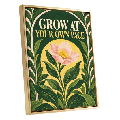 The Patient Bloom, green, yellow, pink floral wall art shown as a gold framed canvas wall art