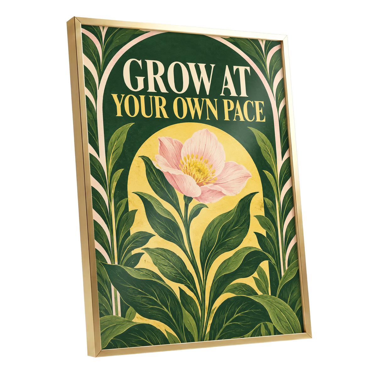 The Patient Bloom, green, yellow, pink floral wall art shown as a gold framed poster wall art print