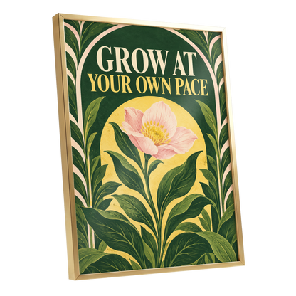 The Patient Bloom, green, yellow, pink floral wall art shown as a gold framed poster wall art print