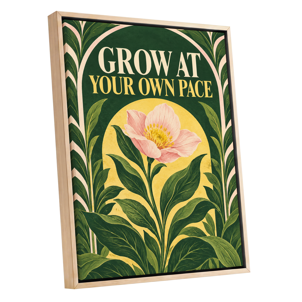 The Patient Bloom, green, yellow, pink floral wall art shown as a oak framed canvas wall art