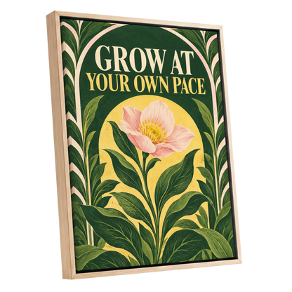 The Patient Bloom, green, yellow, pink floral wall art shown as a oak framed canvas wall art