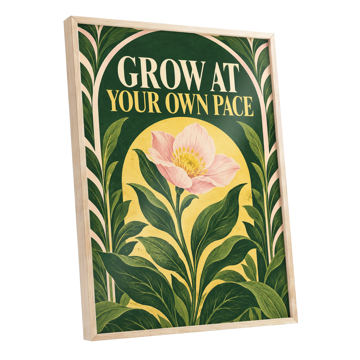 The Patient Bloom, green, yellow, pink floral wall art shown as a oak framed poster wall art print